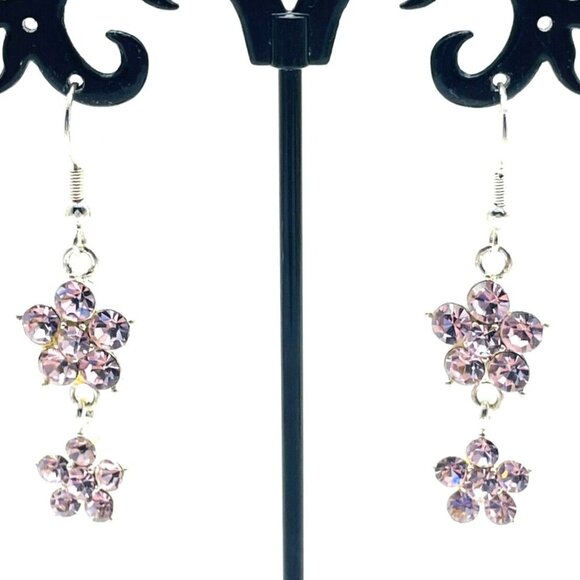 Unbranded Jewelry - Flower Drop Pierced Earrings Silver Tone Pink Rhinestone Floral Garden Glam